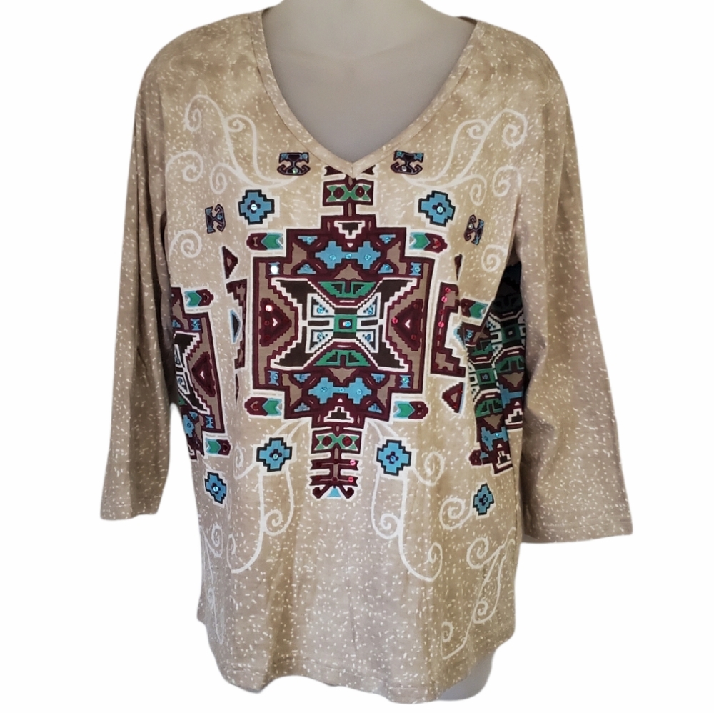 Collections Etc. 100% Cotton Native American Aztec Blue Sequins Medium